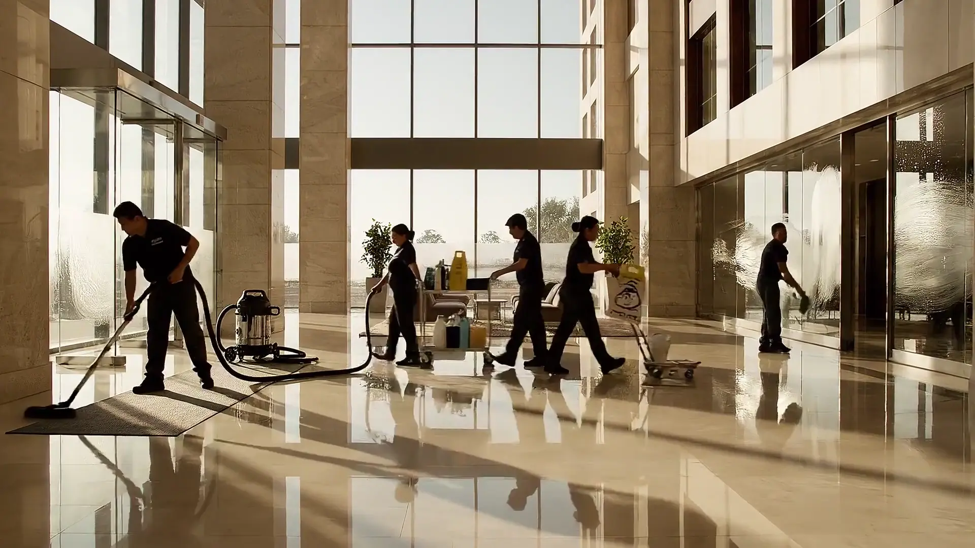 Cleaning crew caring for the floors of a sunlit building lobby