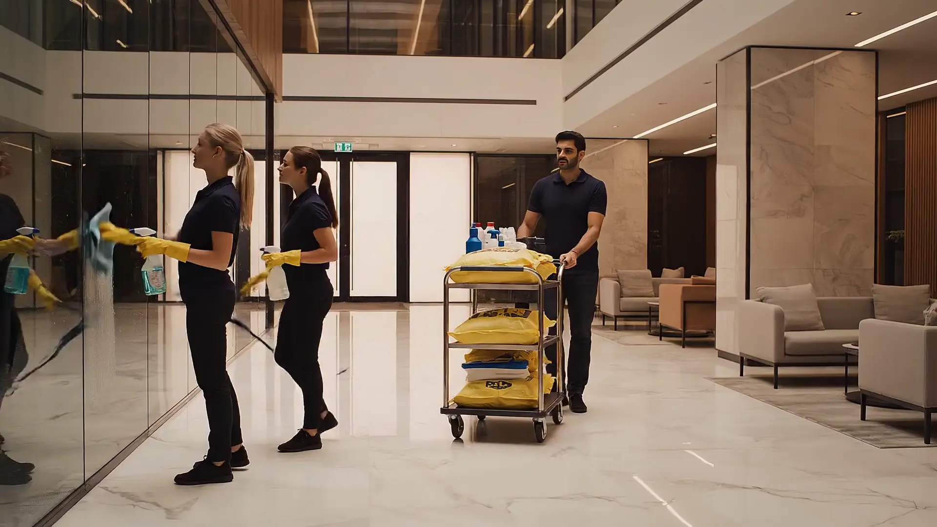 Cleaning team with a supply cart caring for glass and interior surfaces