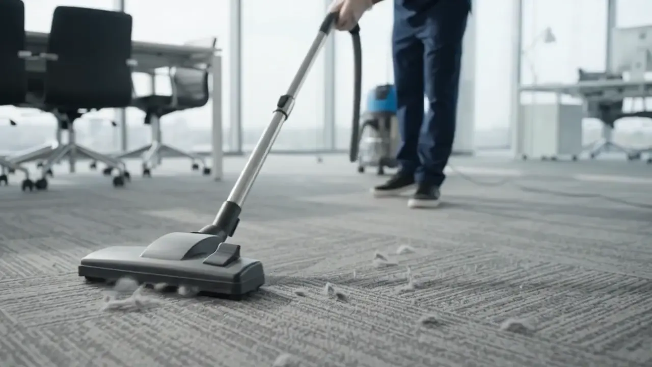 Cleaner vacuuming carpet in an open-plan office