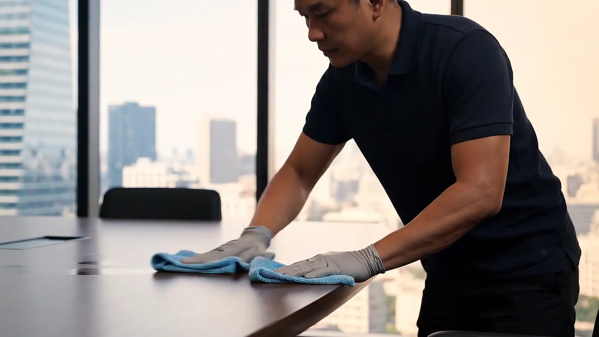Cleaner carefully wiping a countertop with a microfiber cloth