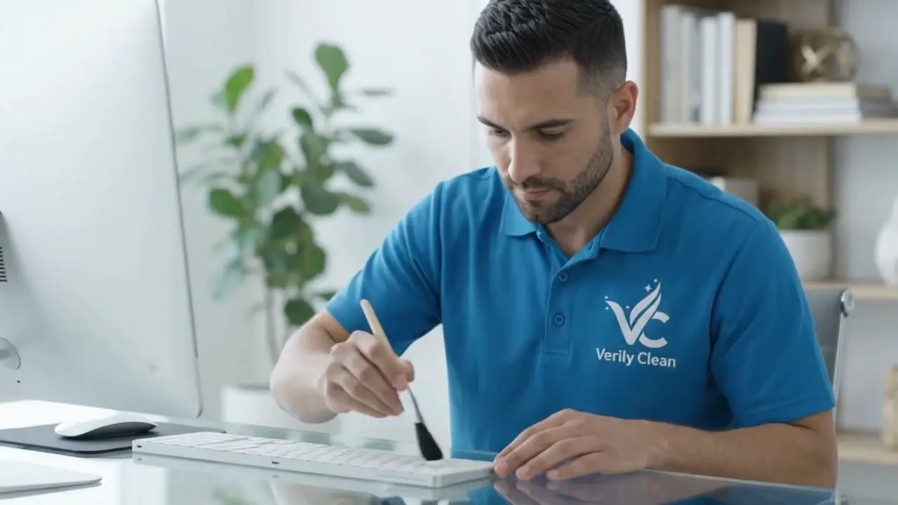 Cleaning supervisor reviewing a checklist at a desk